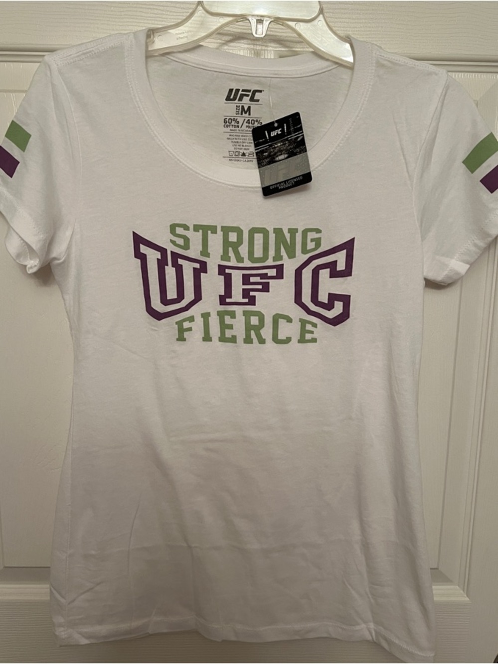 UFC women’s white t-shirt with Green & Purple 'Strong Fierce' Graphic